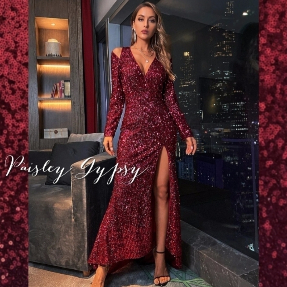 Maroon Sequined Ball Gown for Special Events - Picture 3 of 13